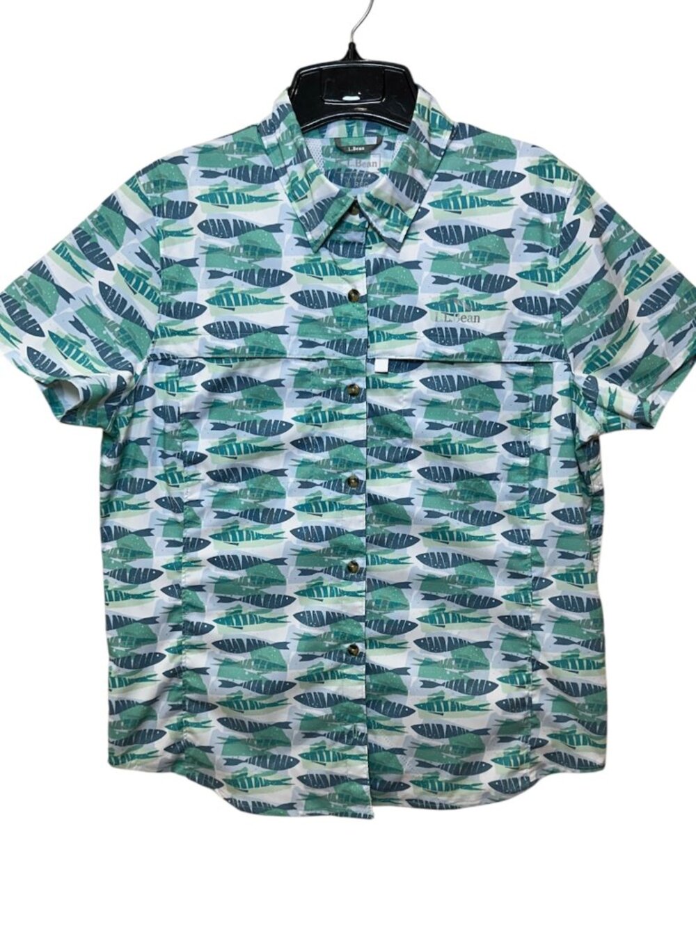 L.L. Bean Shirt Tropicwear Womens Button Up Short Sleeve Vented Fish Print M
